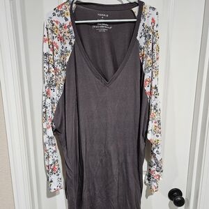 Torrid Long Sleeve Top with Floral Sleeves - Charcoal and Multicolor